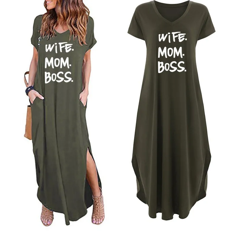 

2022 Fashion T-Shirt for Women Pocket WIFE MOM BOSS Letters Print Top Tshirt Women Punk Cotton Off Shoulder Tops Mother's Day