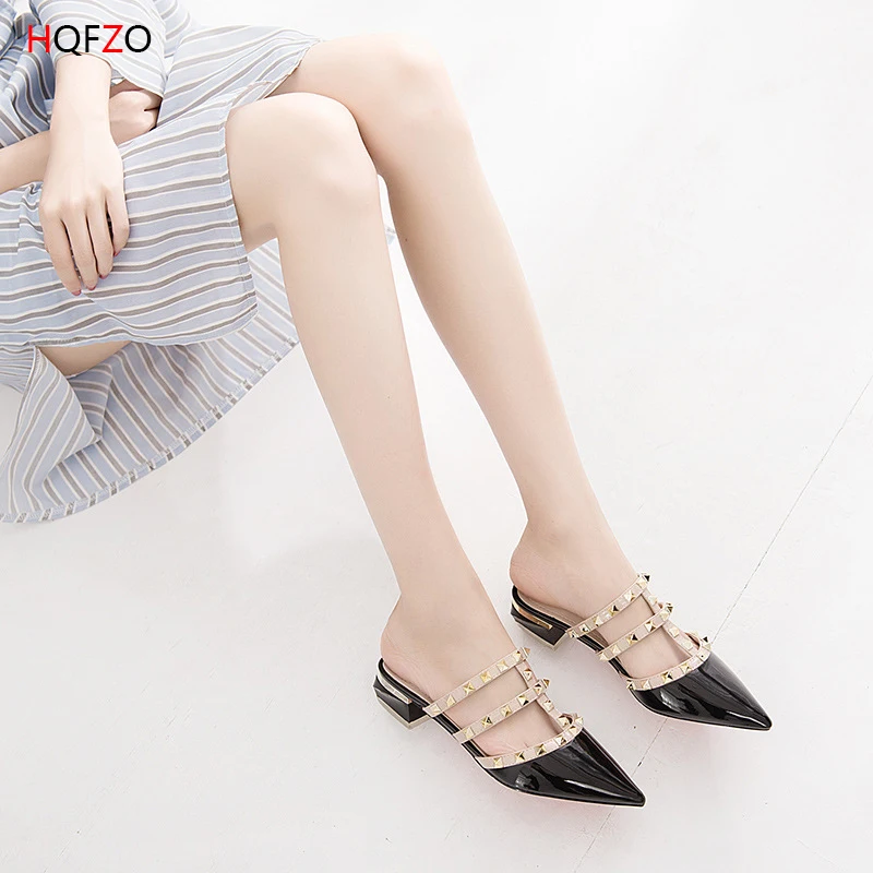 HQFZO Rivet Patent Leather Sandals Pointed toe Slippers Closed Toe Slingback Slip On Comfortable Women Summer Shoes Flats Mujer | Обувь