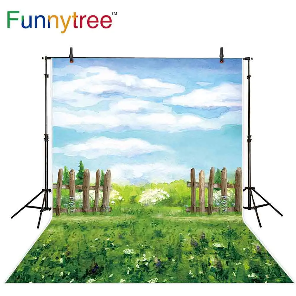 

Funnytree backdrop for photographic studio watercolor painting spring fence grass sky nature background photobooth photocall