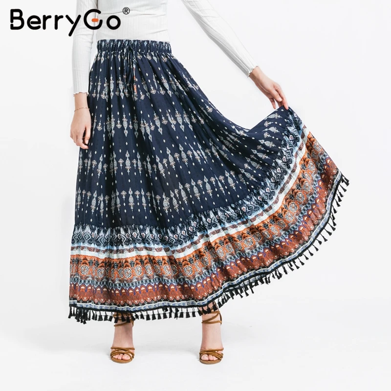 BerryGo женские юбки Boho длинная юбка с цветочным принтом летние кисточками 2019