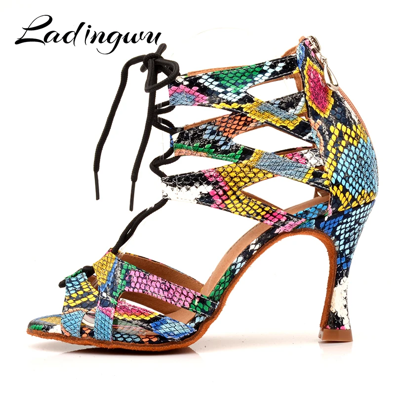 Ladingwu Dance Shoes Women's Latin Shoes Dance Boots Trend Snake texture Salsa Dance Shoes Wide and narrow adjustment Shoelace