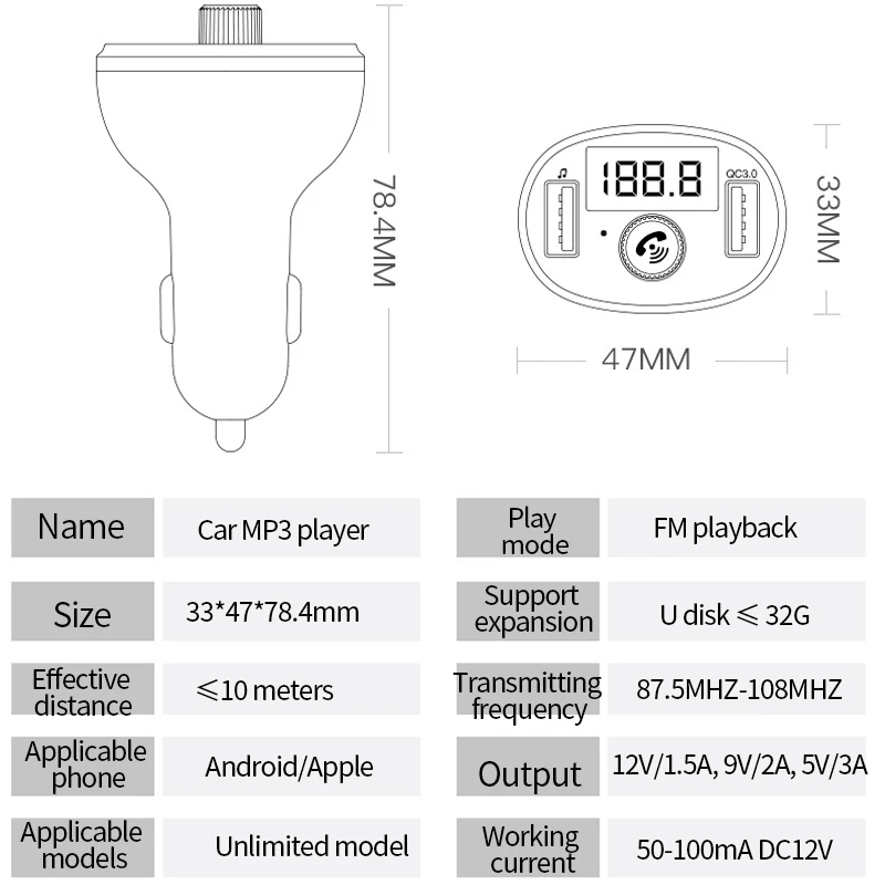 Автомобильный mp3-плеер FM Bluetooth передатчик модулятор QC3.0 автомобильное зарядное