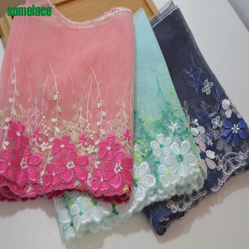 

somelace19cm wide(2yds/lot)green~pink~dark blue gauze floral embroidery lace Hight quality lace fabrics embroidered lace
