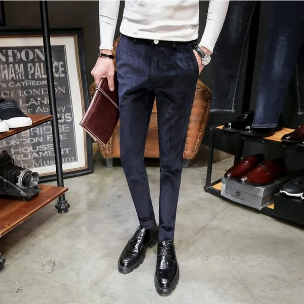 Хаки вельвет Повседневное брюки Для мужчин хорошее Stretch Slim Fit Для мужчин брюки осень-зима Мода однотонный костюм брюки мужской продажи - Цвет: Темно-синий