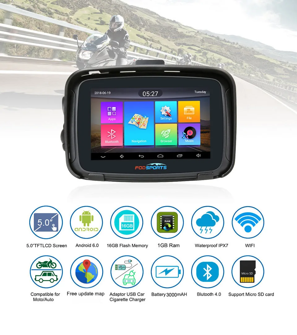 Fodsports ipx7 водонепроницаемый мотоцикл Навигация 5 дюймов автомобиль gps wifi 16G мотоцикл навигатор android 6,0 FM 3000 мАч батарея
