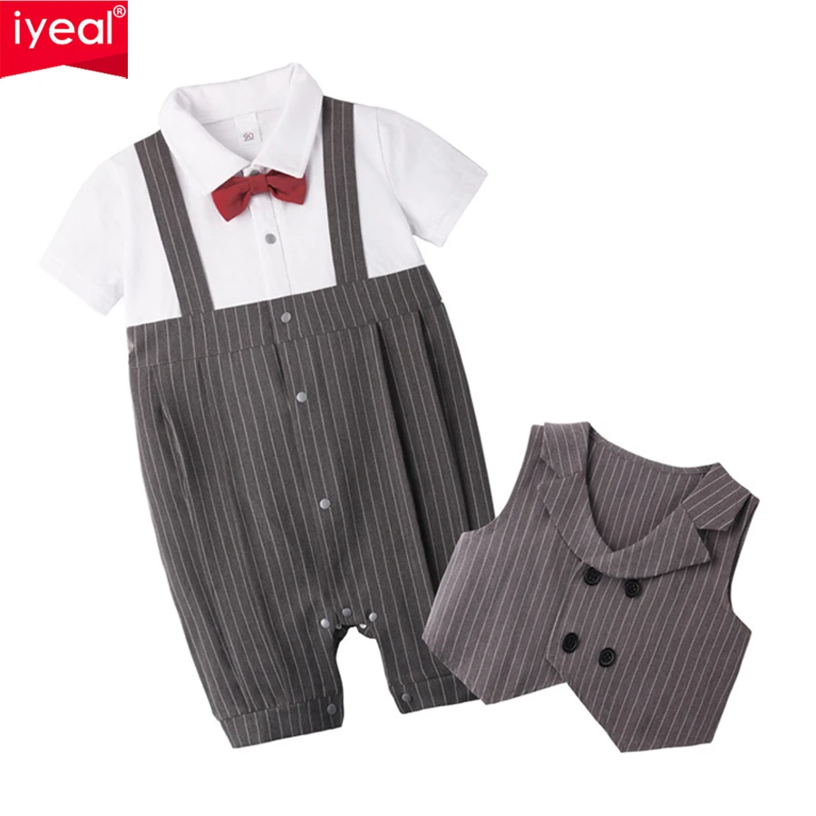

IYEAL Baby Boy Clothes Set Fashion Newborn Infant Clothing Bow Tie Short Sleeve Jumpsuit Overalls + Vest Baby Gentleman Suit