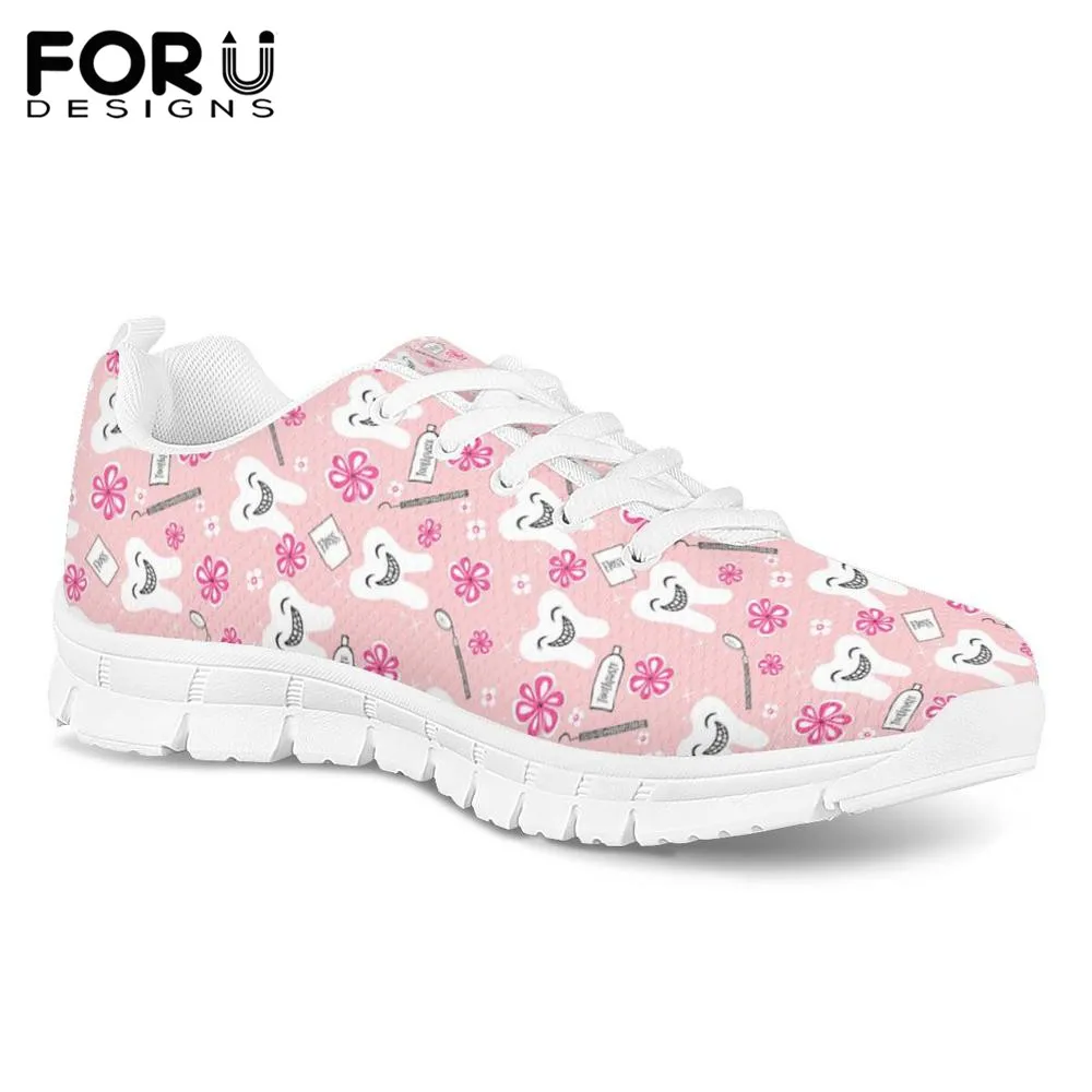 FORUDESIGNS/с рисунком стоматолог Цветочный принт Повседневное Для женщин на плоской подошве, для медсестры; обувь из сетчатого материала со шнуровкой; летние мягкие кроссовки обувь zapatillas mujer