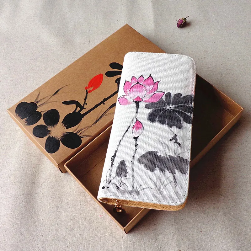 Модный женский длинный кошелек ручной работы на молнии с изображением лотоса