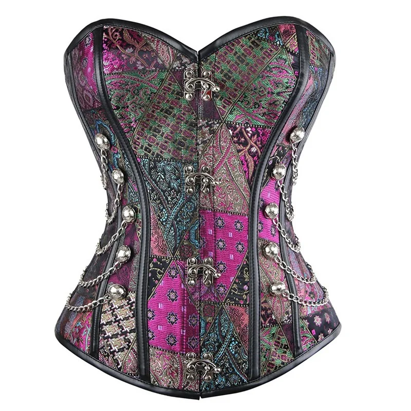 

Newest Steampunk Corset Gothic Clothing Sexy Faux Leather 16 Steel Boned Corsets And Bustiers Chain Modeling Strap Top