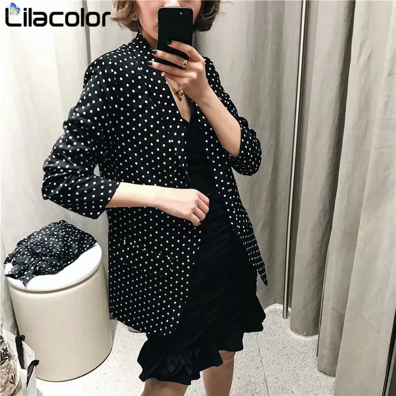 В Горошек повседневные женские блейзеры 2019 Весна Ruched с длинным рукавом Свободные