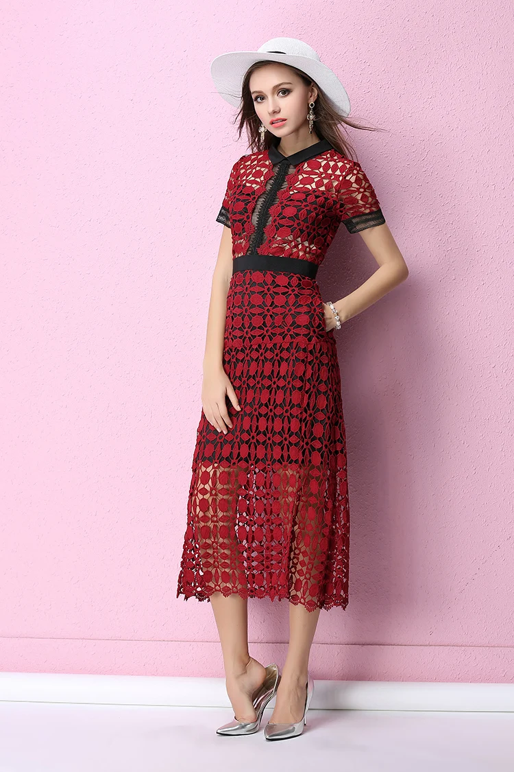 Водорастворимое кружевное летнее женское подиумное платье средней длины 2018