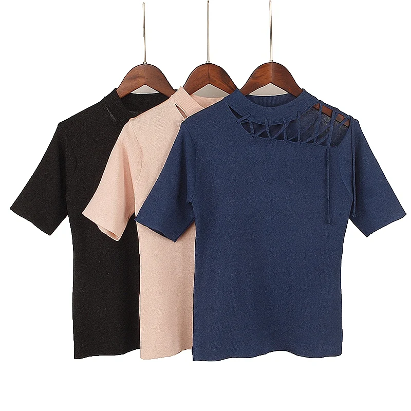 ONLYSVTER Sexy Hollow Out Women T Shirt Fashion Knitted Short Sleeves Top Euro Style Lurex Glitter Lace-up Female Tshirt | Женская