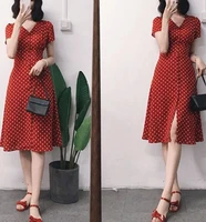 womens red polka dot dress sexy v neck vintage maxi summer dress mid elegant chiffon short sleeve women long dresses 2022
