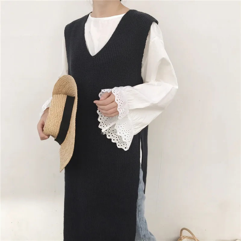 RUGOD 2017 New Winter Sweater Women Sleeveless Knitted Vest Solid Casual V-neck Long Length Slit On The One Side | Красота и здоровье