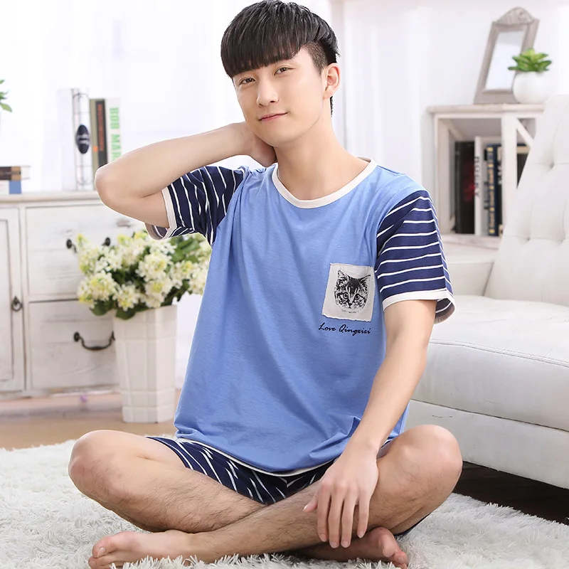 1077 Для мужчин летние пижамы с рисунком кошки синий топ + Полосатые укороченные