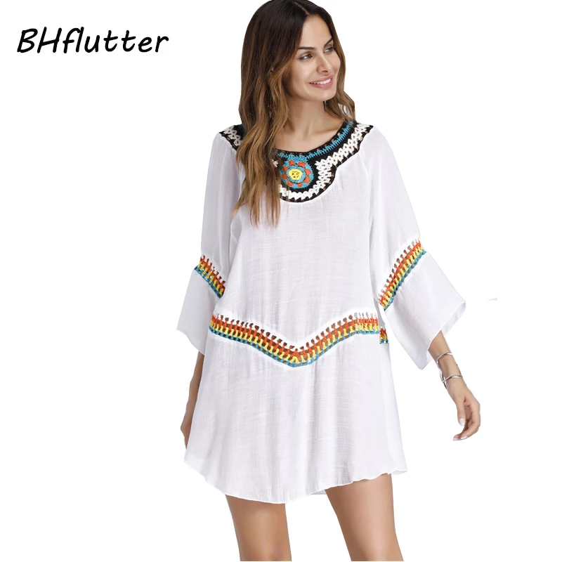 Bhflutter 2018 Новое богемное платье Для женщин Вышивка Boho Стиль мини пляжное из хлопка