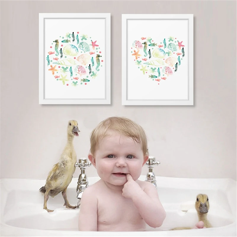 

Ocean Biological Art Print Wall Pictures , Watercolor Starfish and Seaweed Canvas Painting Home Bathroom Art Wall Decoration