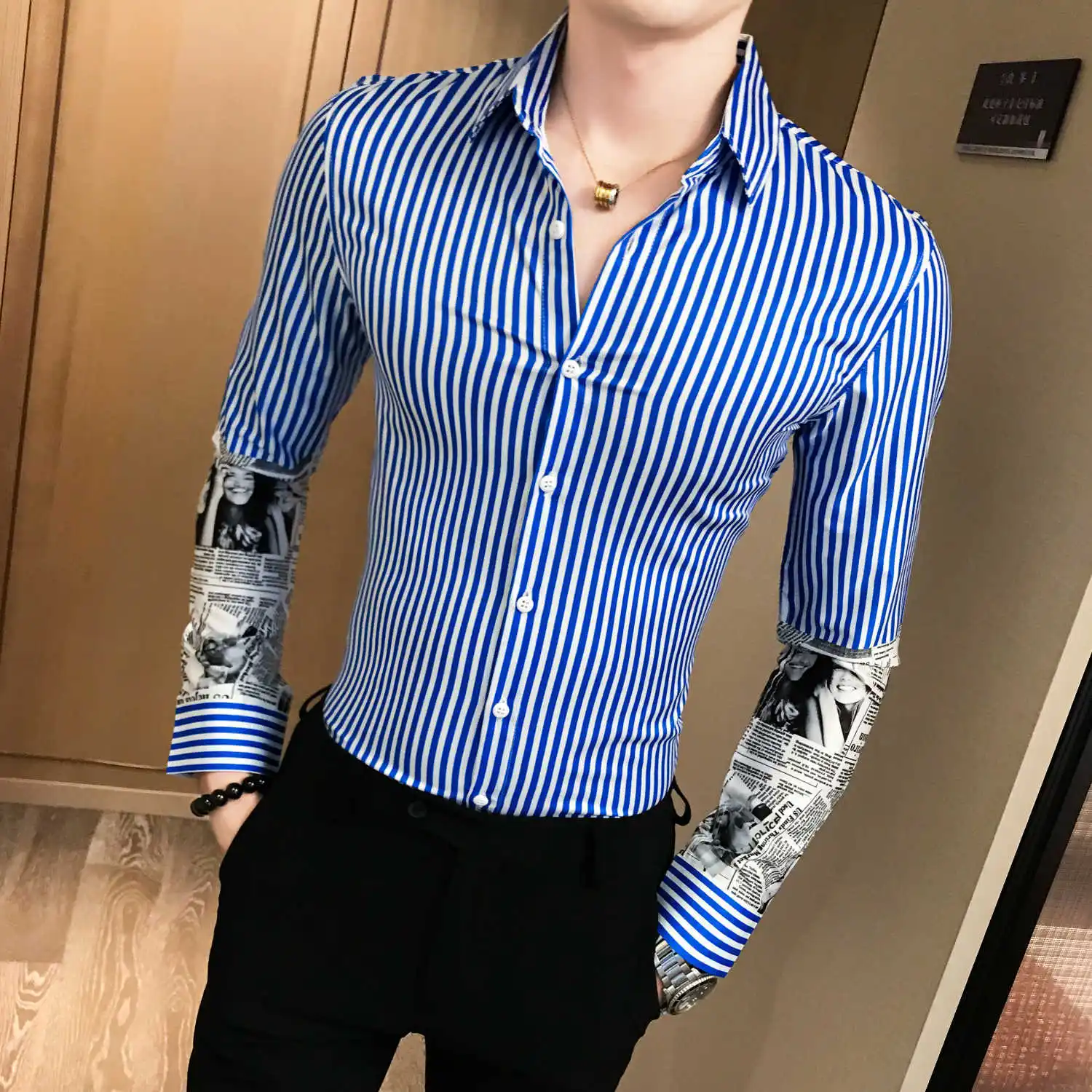 Новые осенние Рубашка в полоску мужские рубашки стиле кэжуал Slim Fit Мода 2019 с