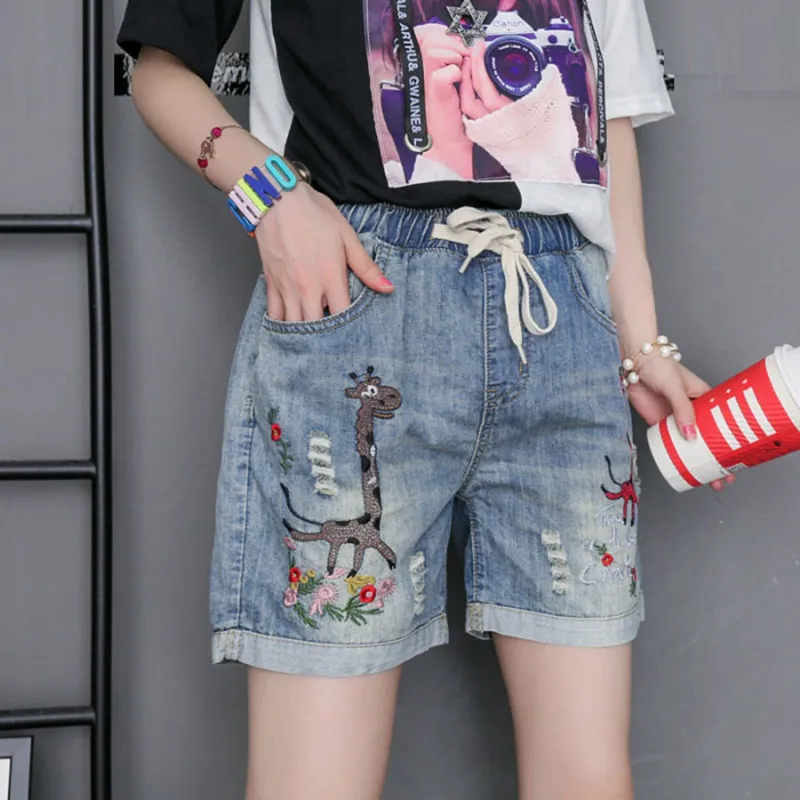 Женские джинсовые шорты с эластичной талией летние уличные вышивкой жирафа