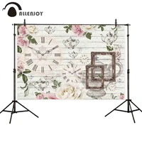allenjoy photography backdrop tea party wooden board flower teapot clock background photo frame photobooth photocall props