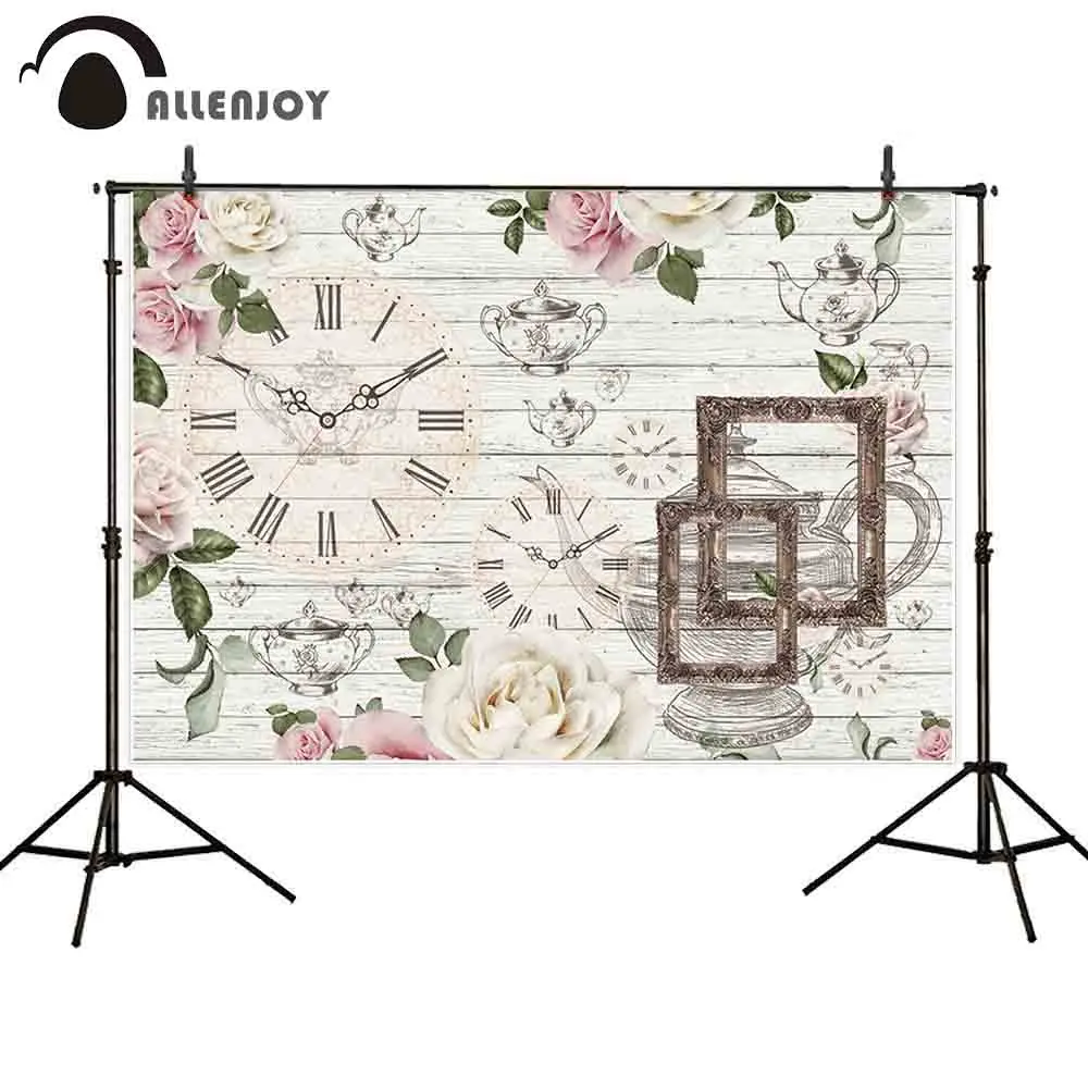 Allenjoy photography backdrop Tea party wooden board flower teapot clock background photo frame photobooth photocall props | Электроника