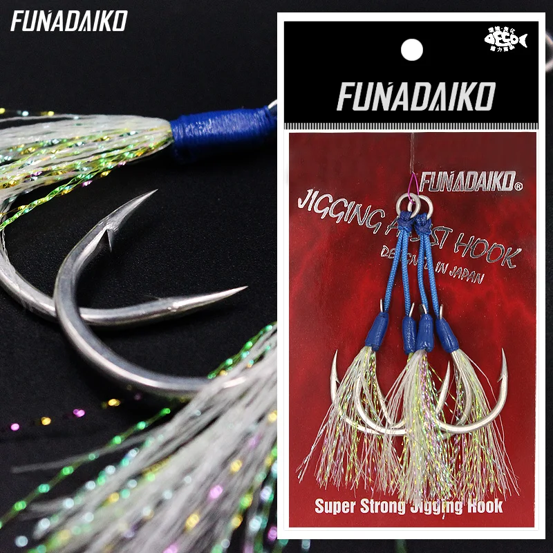

FUNADAIKO Assist крючки для медленной джигггинга, крючки для морской рыбалки, светящиеся двойные крючки 1/0 2/0 3/0 4/0, крючки из высокоуглеродистой ста...