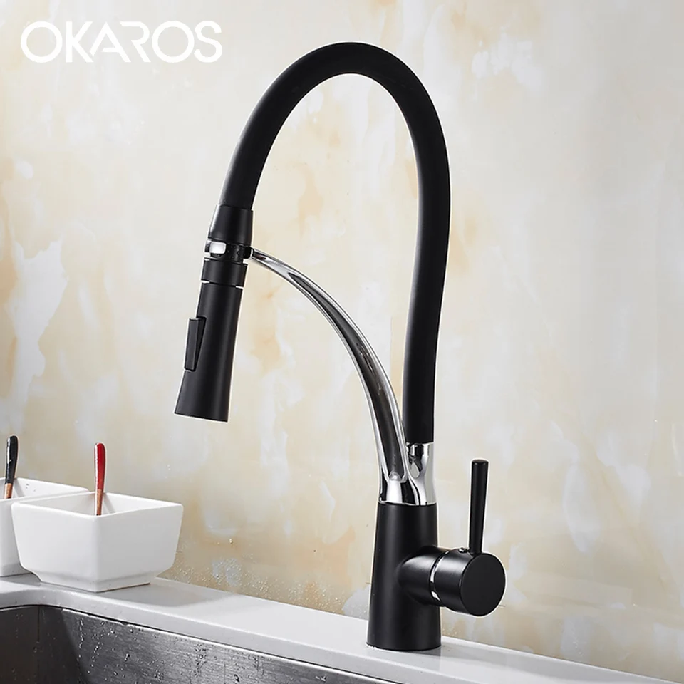 Выдвижной кухонный смеситель OKAROS 9071 B черный двойной распылитель кран для