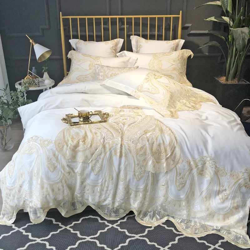 

luxury Solid White 120S Egyeptian cotton Lace Royal Bedding sets Queen King Wedding Duvet cover Bed sheet set Pillowcases 4/6pcs