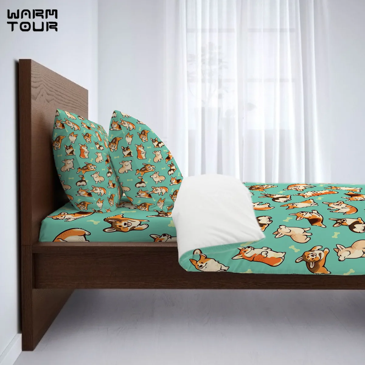 WARMTOUR пододеяльник Jolly Corgis в зеленом пододеяльнике набор 4 шт. постельных принадлежностей для кроватей