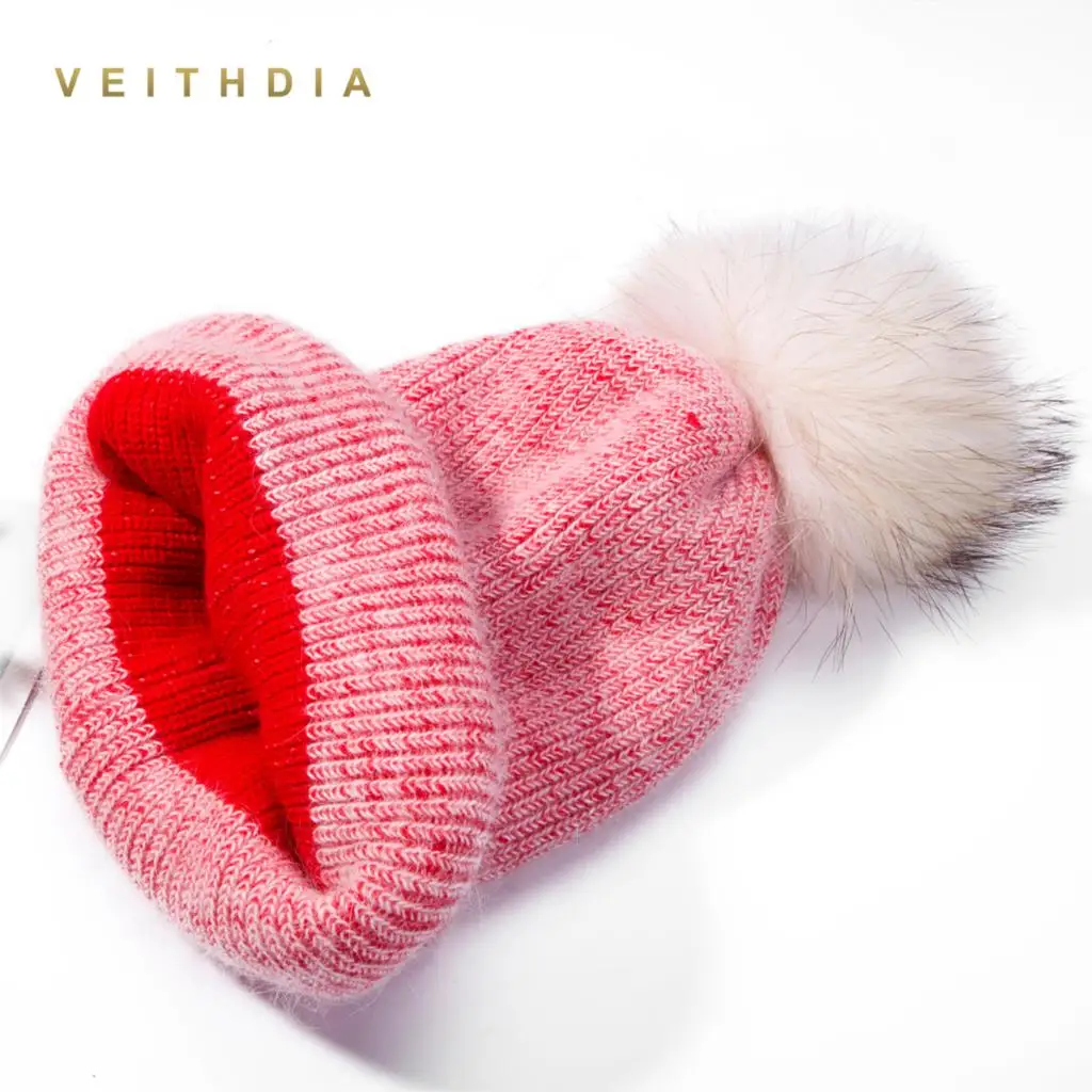Женская вязаная шапка VEITHDIA двухслойная с кроличьим мехом Мягкая шерстяная