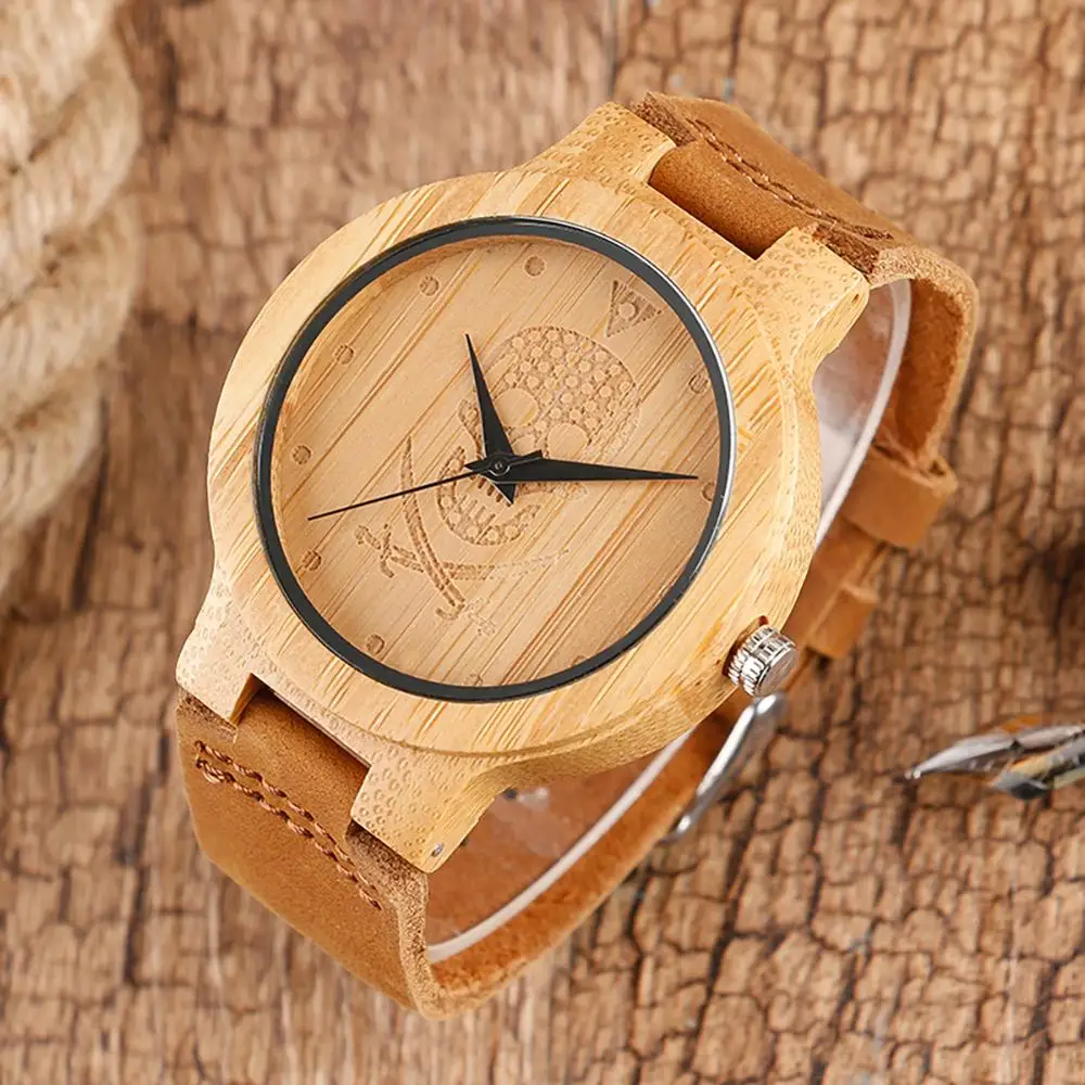 

YISUYA Quartz Watch Men Bamboo Natural Wood Pirate Ghost Carving Peculiar Genuine Leather Straps Women's Wrist-watch Dress Gift
