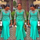 Бирюзовое Африканское вечернее платье-Русалка 2021, винтажное кружевное нигерийское платье с длинным рукавом Aso Ebi, праздничное платье для матери, платья для торжества