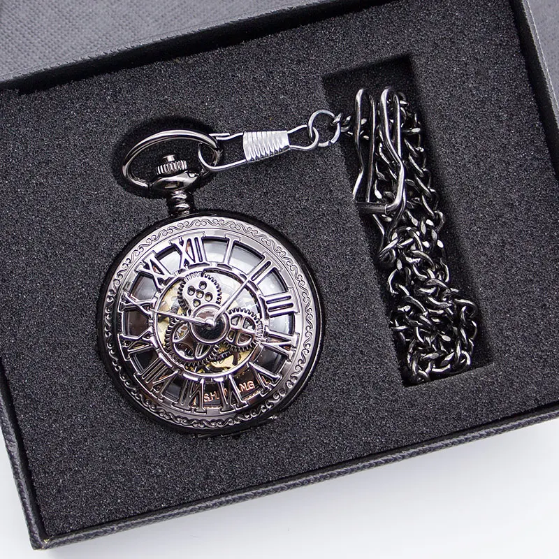New Fashion Automatic Mechanical Pocket Watches Skeleton Gear Roman Numbers Case Best Gift for Men Women PJX1406