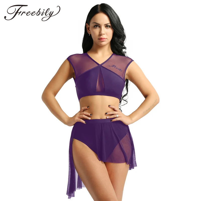 

Women ballet Dress leotard Asymmetric Contemporary Lyrical Dance Dress Sleeveless Criss Cross Crop Tops + Short Skirt