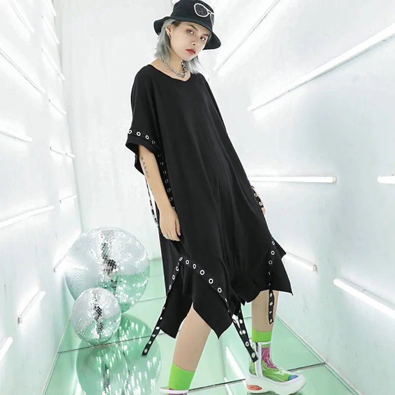 COOL Sequined Hole Ribbon Black Tshirt Women Irregular Hem Casual Plus Size Hip Hop Ladies Long Streetswear Oversized Tees Tops | Женская