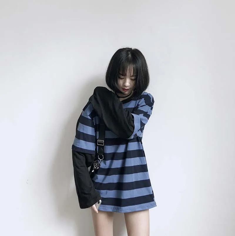 NiceMix Harajuku футболка Женские полосатые топы Лоскутные Поддельные 2 штуки свободная футболка с длинным рукавом женская уличная футболка