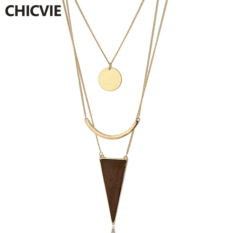 

CHICVIE New Arrivals Triangle Wooden Pendant Layers Necklaces Femme Vintage Accessories Necklaces & Pendants For women SNE170027