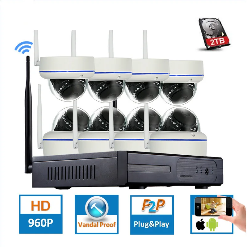 Беспроводная система видеонаблюдения 1080P 8 каналов Wi Fi МП ИК наружная купольная P2P