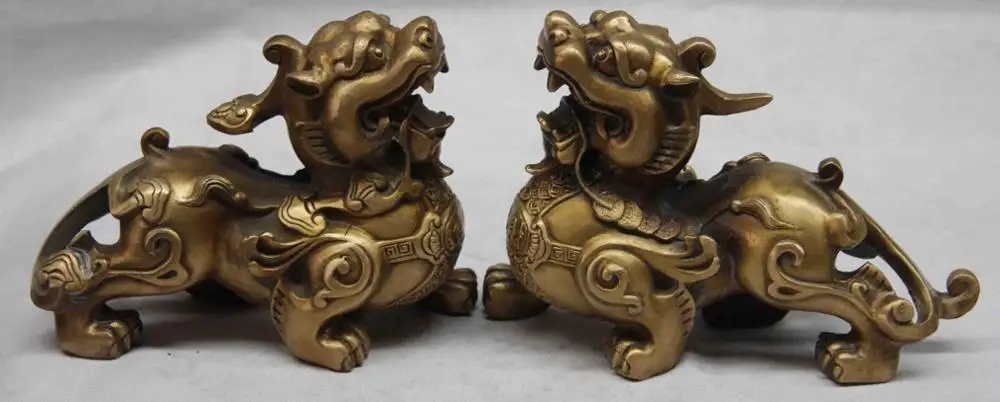 Китай Бронза Медь Фэншуй Богатство Деньги Храбрые войска Pixiu Единорог Статуя
