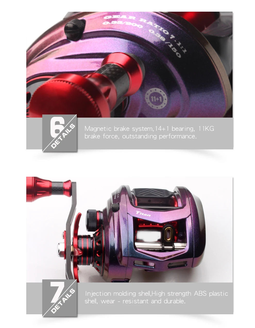 KAWA Fishing Reel Bait cast Reel, Gear Ratio 7.1:1 Bait casting Magnetic Brake Bearing 11+1 290g Max Drag 11KG sea fishing reel