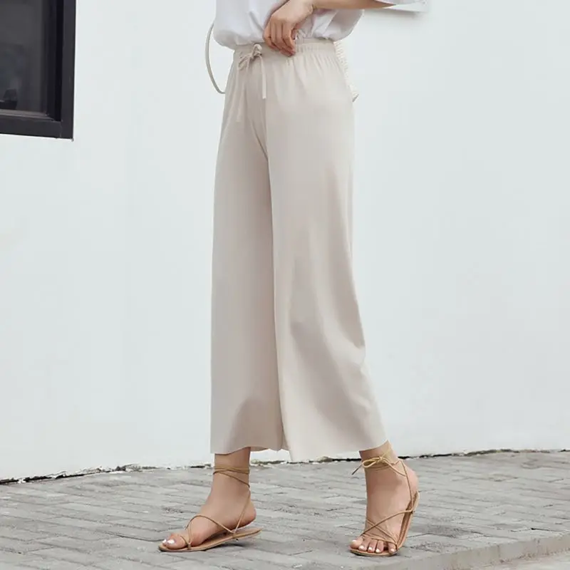 

New Pant Women Girl Solid Color Wide Leg Female Summer High Waist Chiffon Long Students Casual Pants pantalones mujer