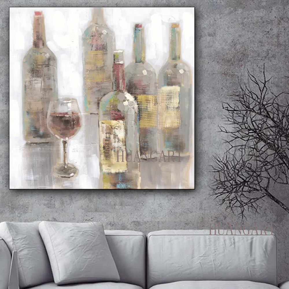 100% Handmade High Quality Abstract Colorful Bottles Oil Painting on Canvas Modern Wine Bottle Picture For kitchen | Дом и сад
