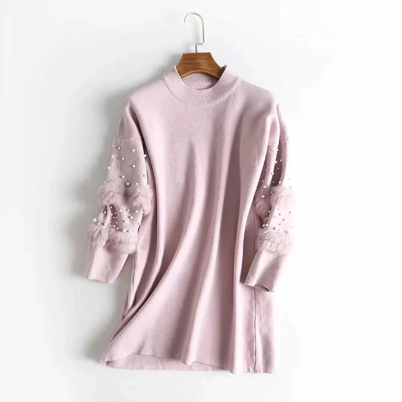 JH0035 Pink HSA платье-свитер из натурального меха, женские платья-джемперы с длинным рукавом, вязаный пуловер, модный топ для девочек, зимние свитера с жемчугом и бисером - Цвет: JH0035 Pink