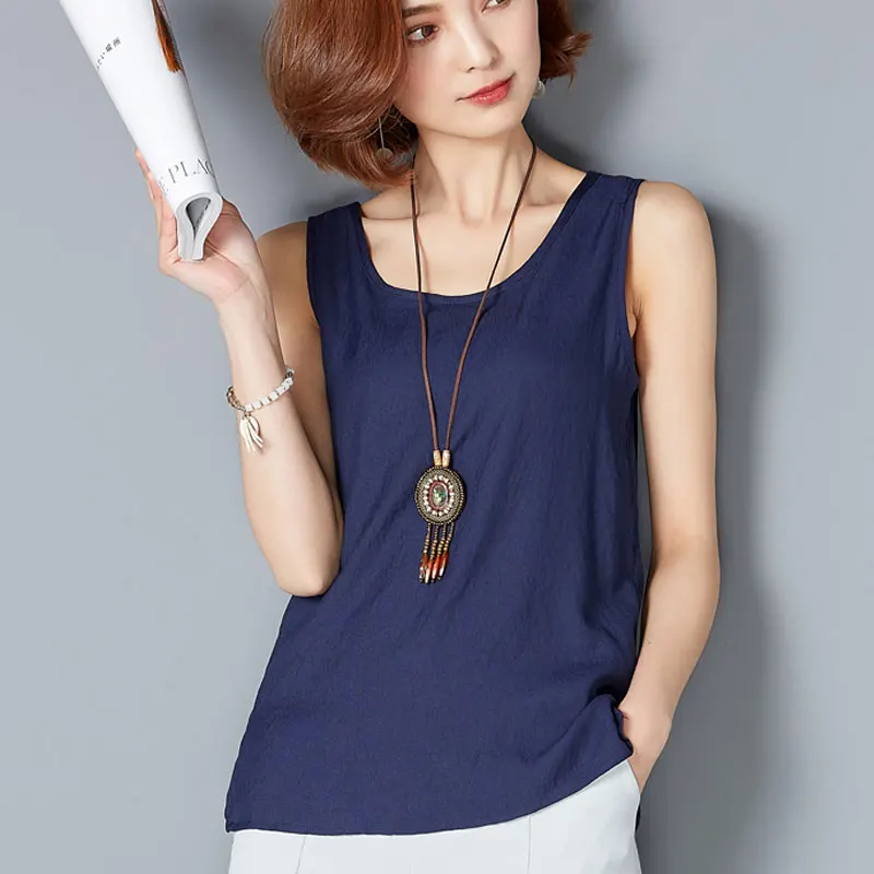 Коллекция 2017 года Модные дышащие майки из хлопка и льна большого размера женский