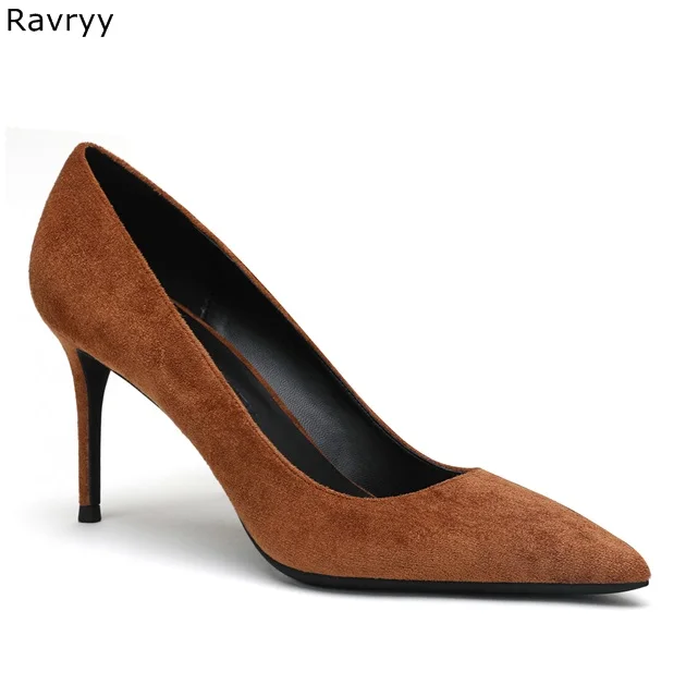 Blue sude leather women's high heel office lady outfits female dress shoes pointed toe thin single slip-on sexy pumps | Обувь