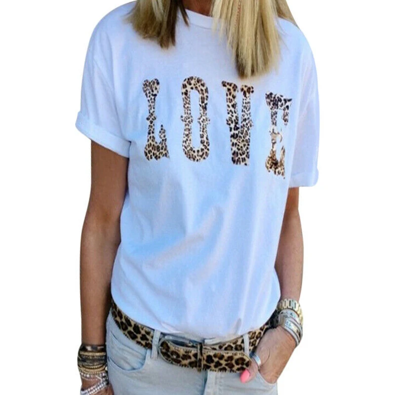 

Summer Ladies Loose Short Sleeve O Neck T Shirt Tee Fashion Women Casual Leopard LOVE Letter Print TopsPlus Size 3 Colors