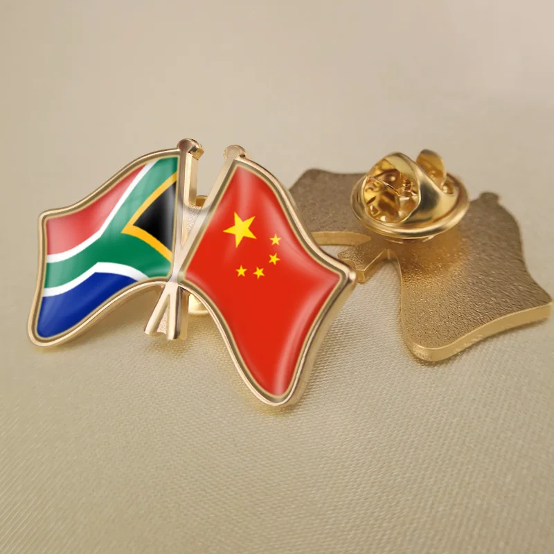 

South Africa and China Crossed Double Friendship Flags Lapel Pins Brooch Badges