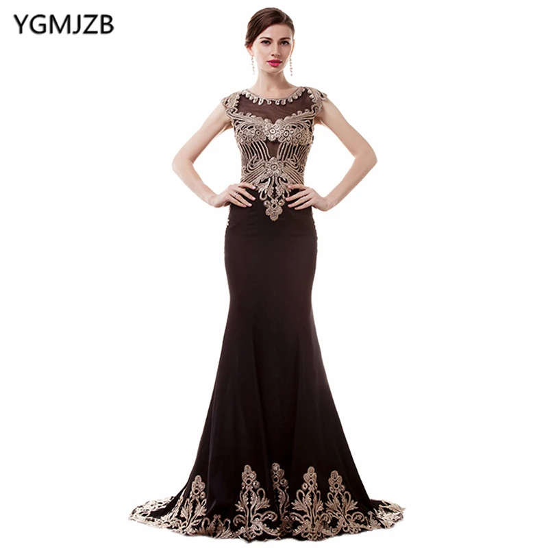 See Through Black Evening Dresses 2019 Mermaid Cap Sleeve Sheer Back Appliques Lace Prom Dress Luxury African Gown | Свадьбы и