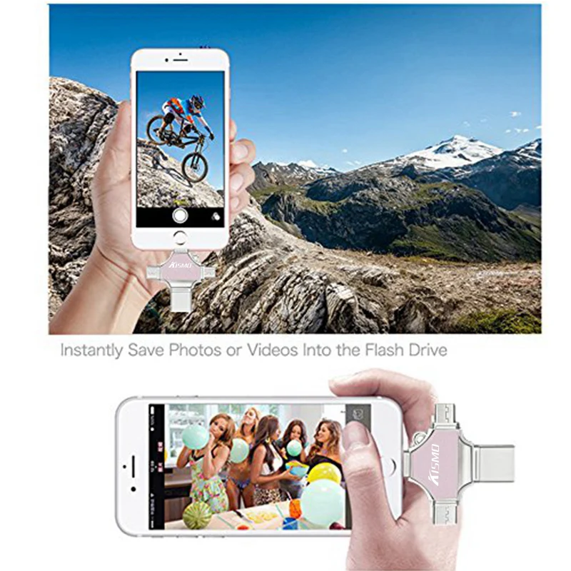 Kismo 4 в 1 USB флэш-накопитель 16 ГБ 32 ГБ, 64 ГБ и 128 Гб карта памяти OTG Тип-C накопитель для samsung S8 S9 iphone X 8 7 6 Plus