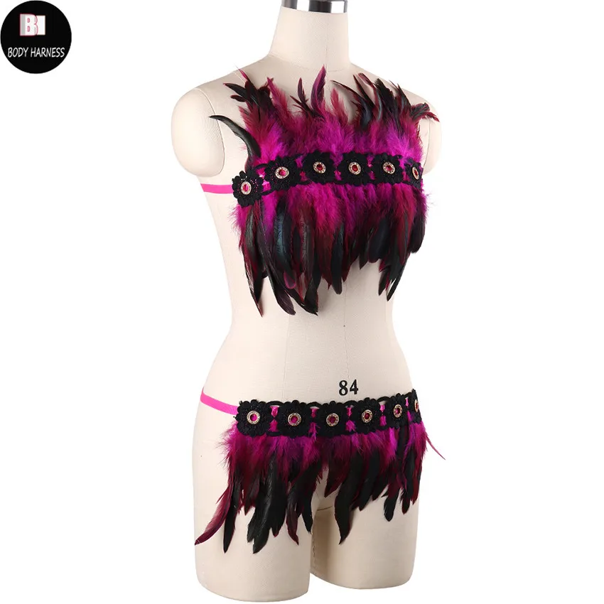 Женская Экзотическая одежда комплект портупеи с перьями портупея для тела Goth Rave